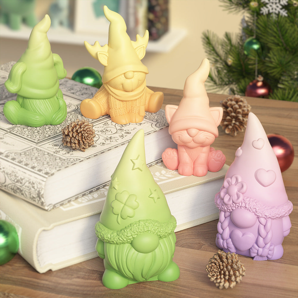 Christmas Gnome & Kitten Silicone Mold – 3D Figurine Candle Mold for Plaster, Resin & Wax, Heart Star Nordic Decor DIY