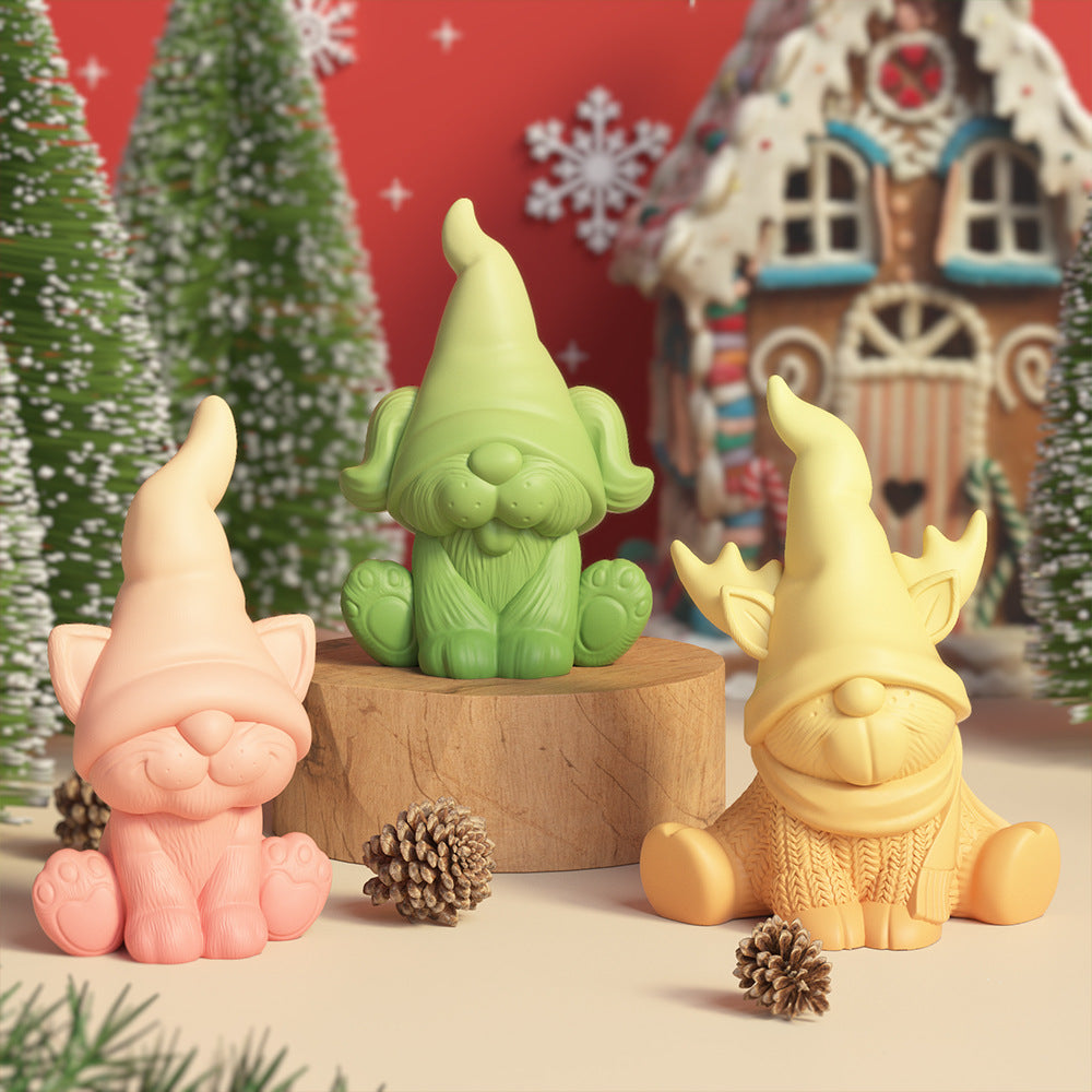 Christmas Gnome & Kitten Silicone Mold – 3D Figurine Candle Mold for Plaster, Resin & Wax, Heart Star Nordic Decor DIY