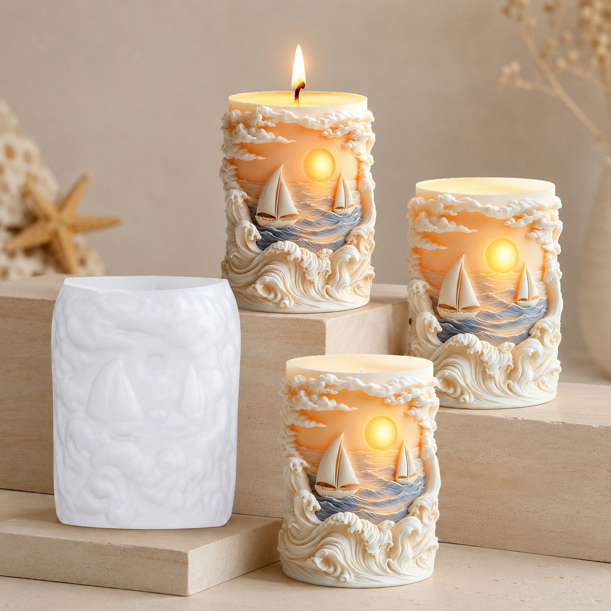 Relief Ocean Sailboat Silicone Candle Mold, 3D Sunset Wavy Cylinder Aromatherapy Candle Mold for DIY Handmade Home Decor