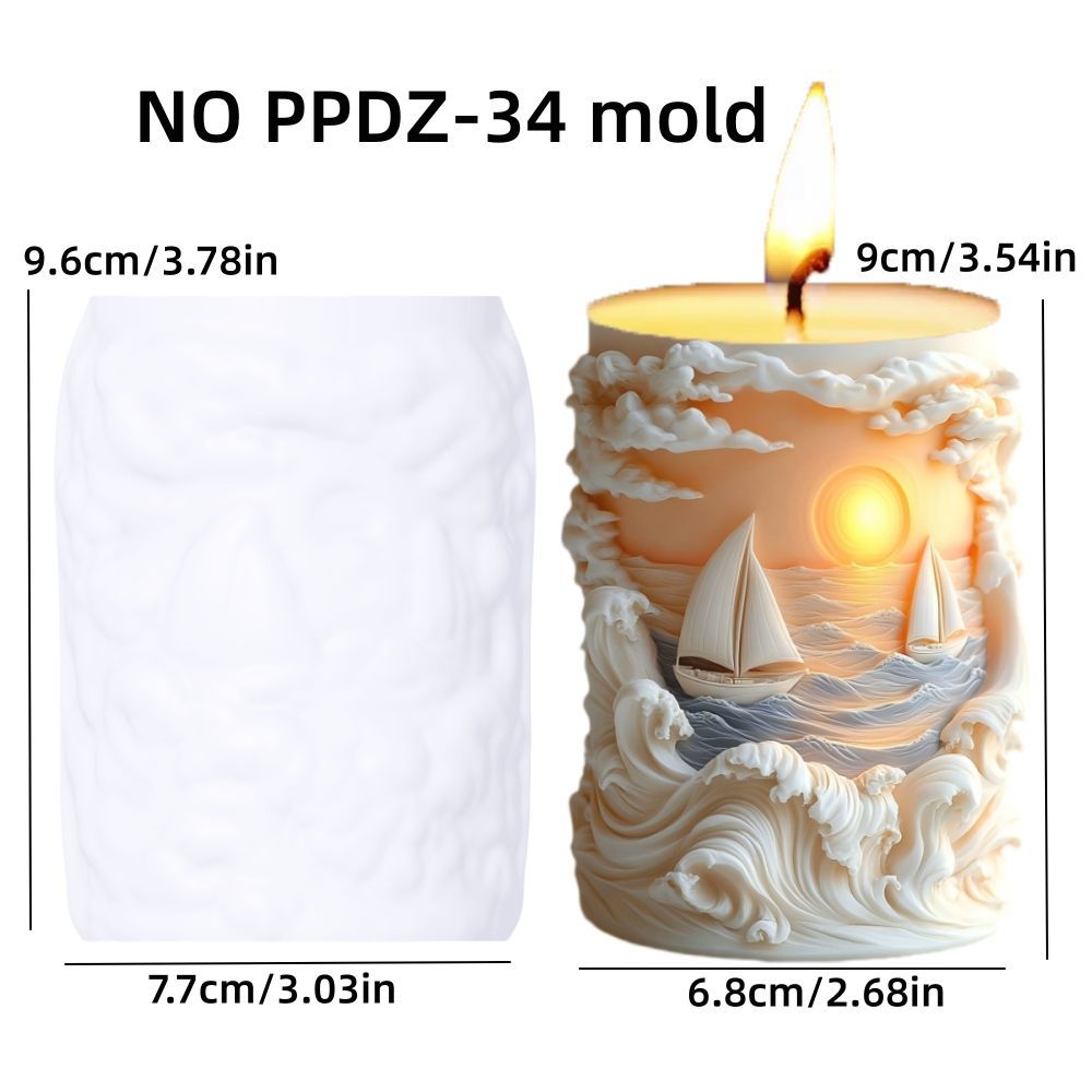 Relief Ocean Sailboat Silicone Candle Mold, 3D Sunset Wavy Cylinder Aromatherapy Candle Mold for DIY Handmade Home Decor
