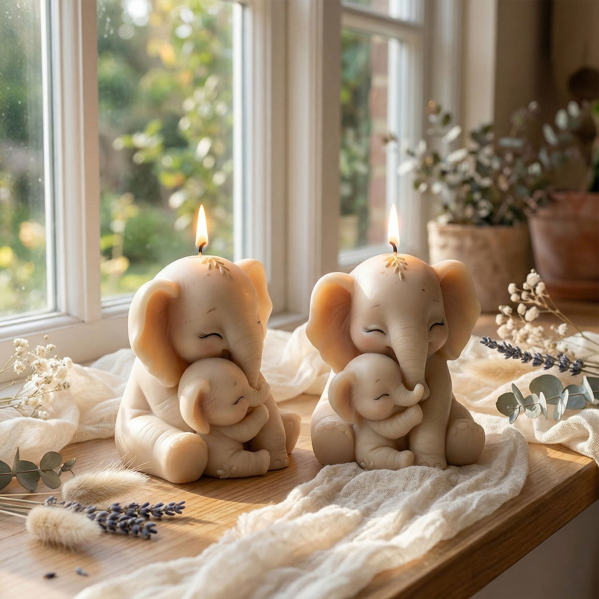 Mother & Baby Big‑Ear Elephant Silicone Mold, Sitting Elephant Figurine Mould, DIY Scented Candle for Home Decor