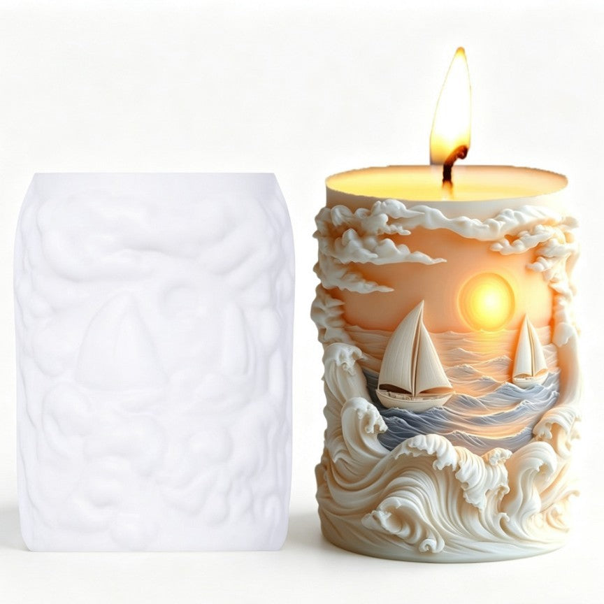 Relief Ocean Sailboat Silicone Candle Mold, 3D Sunset Wavy Cylinder Aromatherapy Candle Mold for DIY Handmade Home Decor