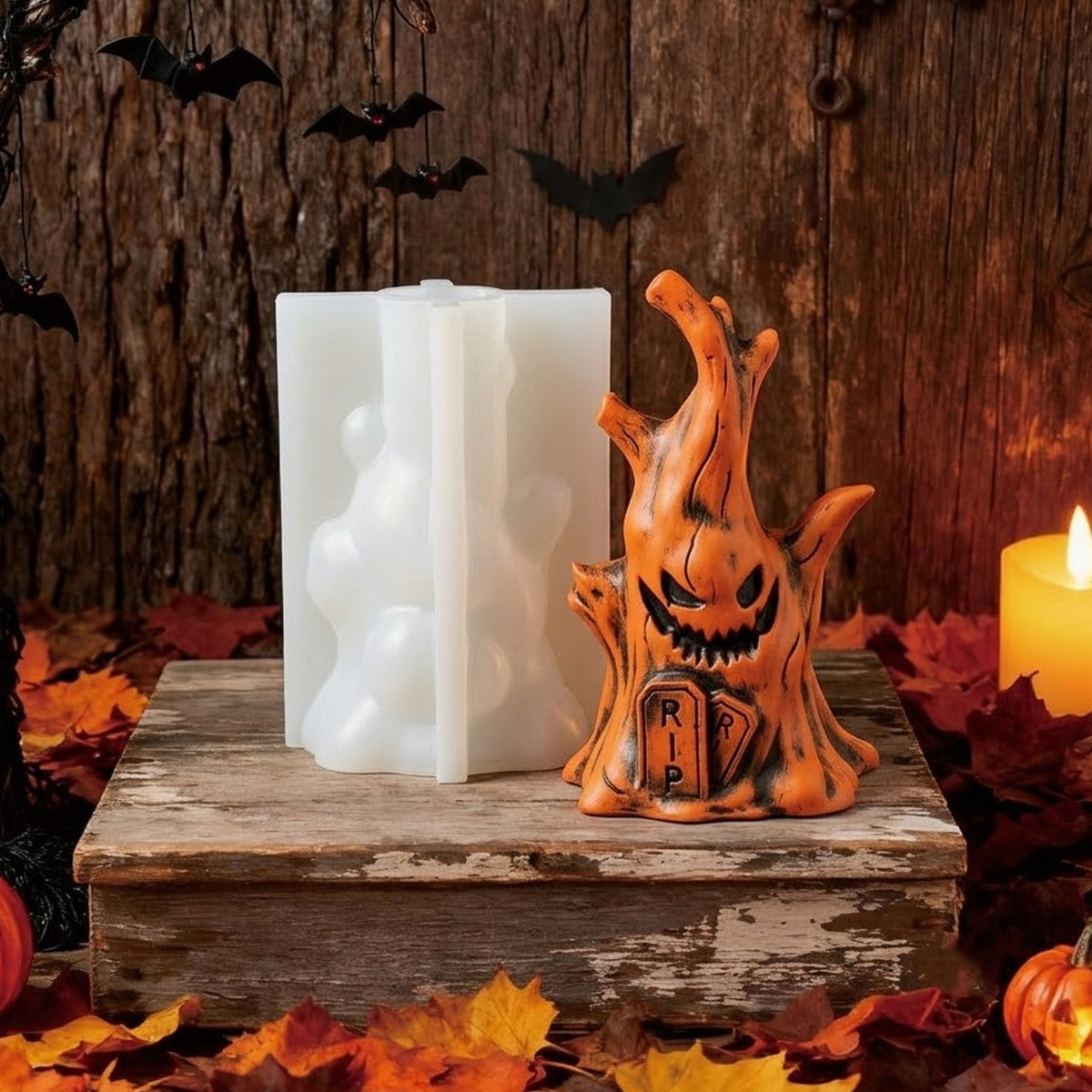 3D Spooky Tree Stump Silicone Mold, Halloween Creepy Tree Monster Mould, Scented Candle & Soap Casting Mold for Home Halloween Decor