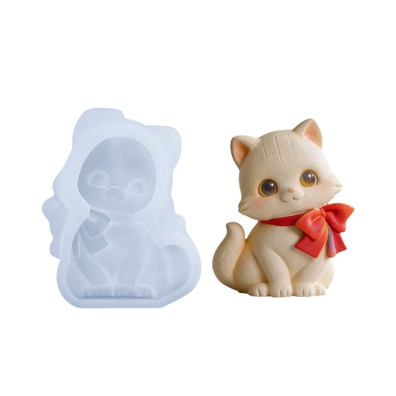 3D Embossed Big-Eyed Kitten Silicone Mold, Bow Sitting Cute Cat Mold for Aromatherapy Candle & Gypsum Home Decor