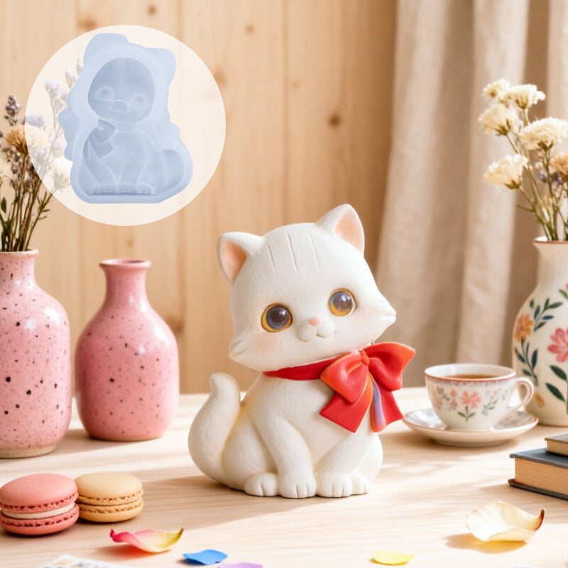 3D Embossed Big-Eyed Kitten Silicone Mold, Bow Sitting Cute Cat Mold for Aromatherapy Candle & Gypsum Home Decor
