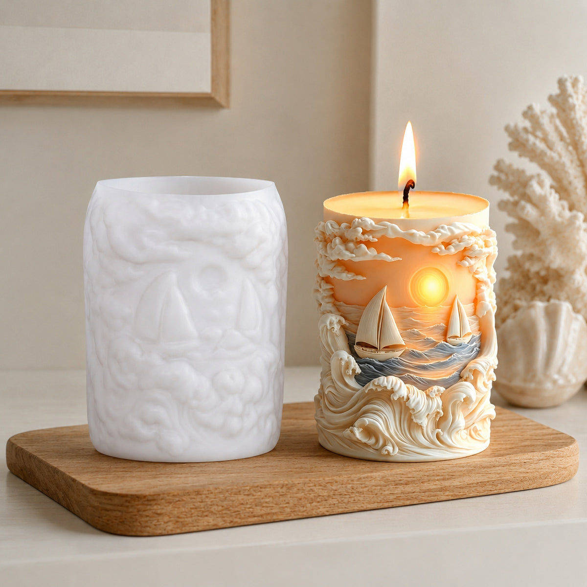 Relief Ocean Sailboat Silicone Candle Mold, 3D Sunset Wavy Cylinder Aromatherapy Candle Mold for DIY Handmade Home Decor