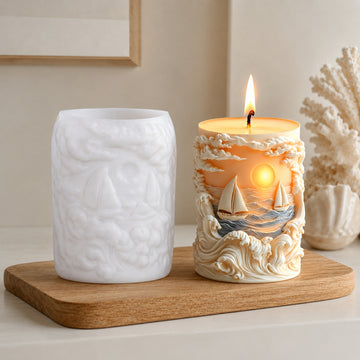 Relief Ocean Sailboat Silicone Candle Mold, 3D Sunset Wavy Cylinder Aromatherapy Candle Mold for DIY Handmade Home Decor