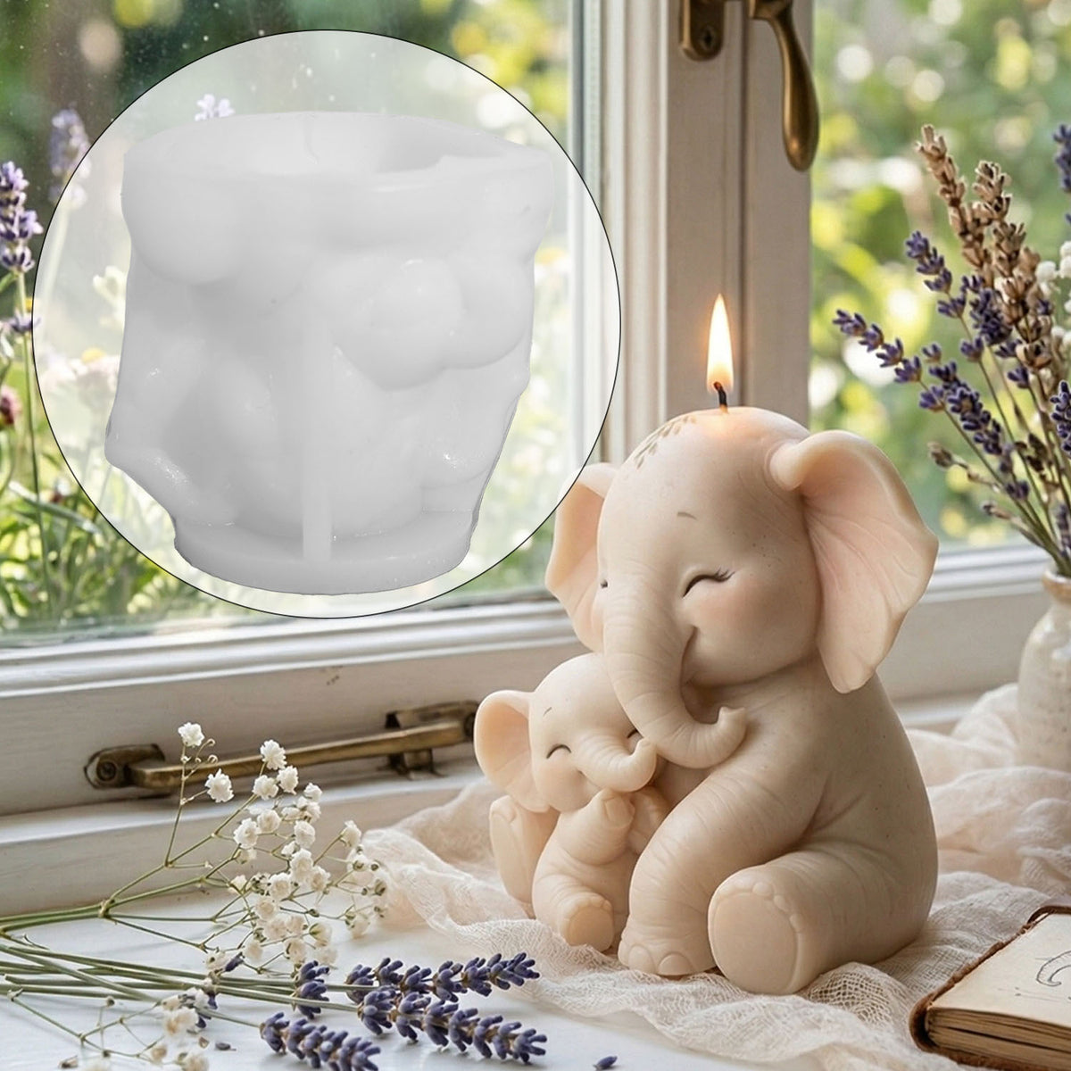 Mother & Baby Big‑Ear Elephant Silicone Mold, Sitting Elephant Figurine Mould, DIY Scented Candle for Home Decor