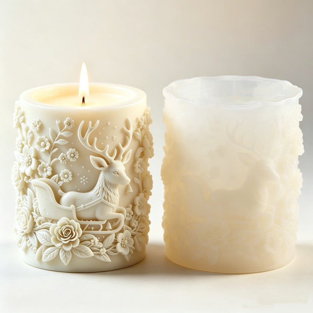 Christmas Reindeer & Sleigh Silicone Candle Mold | Embossed Holiday Craft Mold