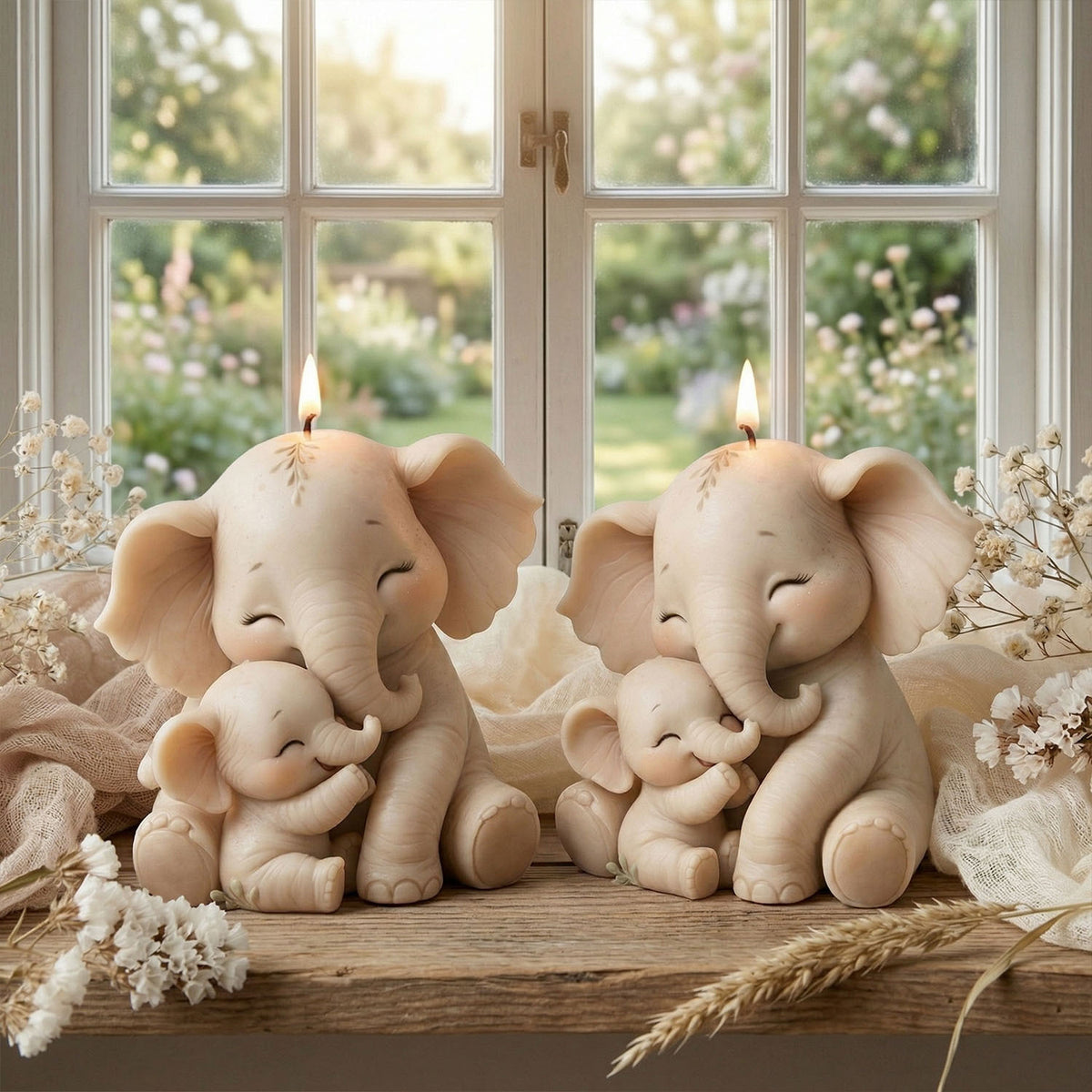 Mother & Baby Big‑Ear Elephant Silicone Mold, Sitting Elephant Figurine Mould, DIY Scented Candle for Home Decor