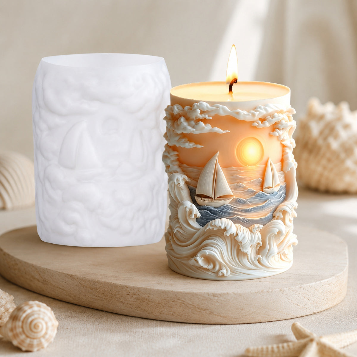 Relief Ocean Sailboat Silicone Candle Mold, 3D Sunset Wavy Cylinder Aromatherapy Candle Mold for DIY Handmade Home Decor