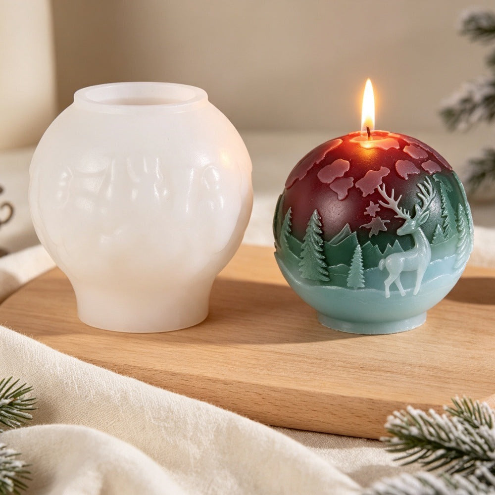 Christmas Reindeer & Snowflake Relief Sphere Scented Candle Mold, Geometric Cylinder Craft Silicone Mold for DIY Aromatherapy Candle