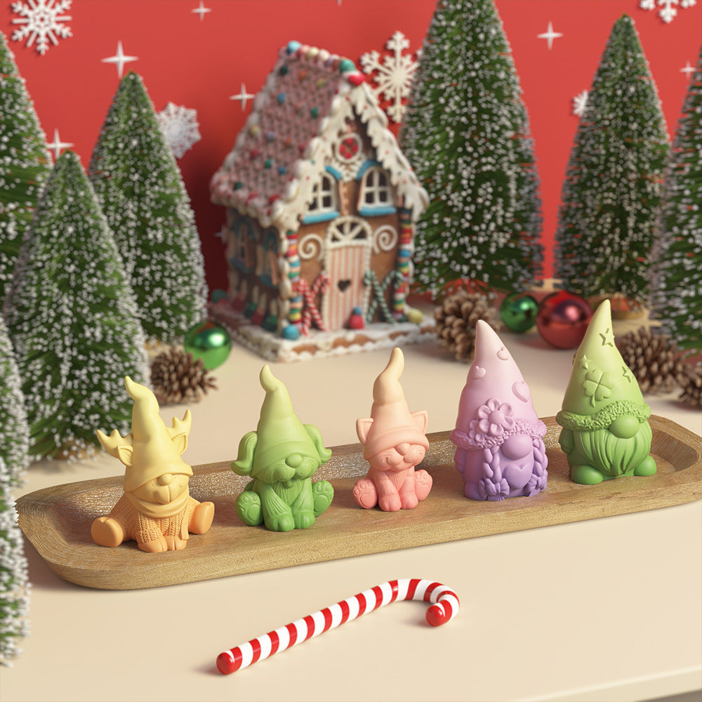 Christmas Gnome & Kitten Silicone Mold – 3D Figurine Candle Mold for Plaster, Resin & Wax, Heart Star Nordic Decor DIY
