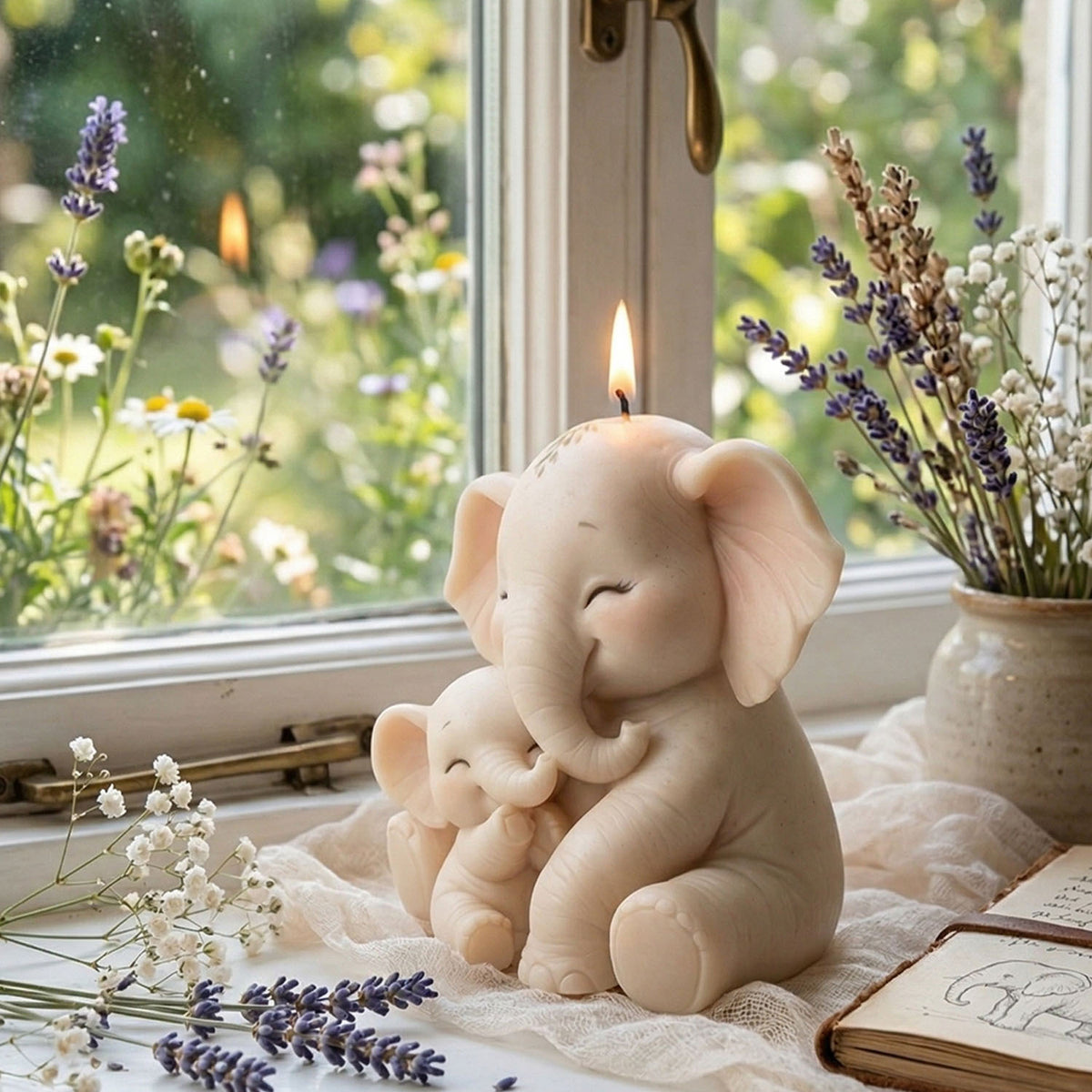 Mother & Baby Big‑Ear Elephant Silicone Mold, Sitting Elephant Figurine Mould, DIY Scented Candle for Home Decor