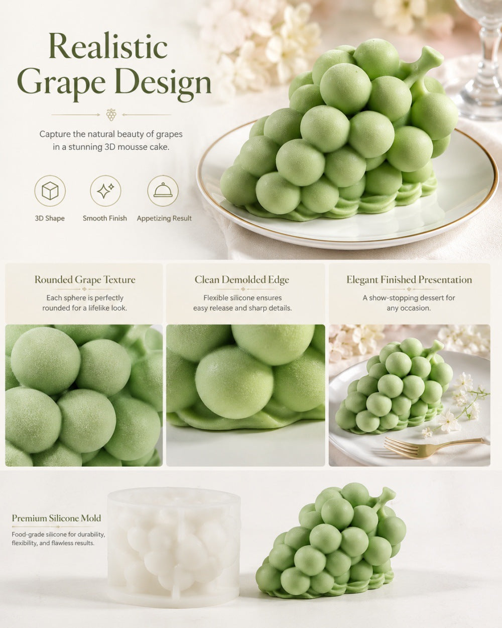 3D Grape Silicone Mold, Realistic Fruit Shaped Baking Mold, Food Grade Soft Silicone Mousse Cake & Chocolate DIY Mold for Home Dessert Making