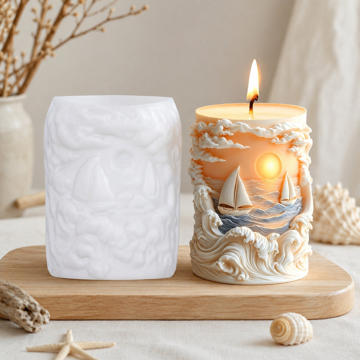 Relief Ocean Sailboat Silicone Candle Mold, 3D Sunset Wavy Cylinder Aromatherapy Candle Mold for DIY Handmade Home Decor