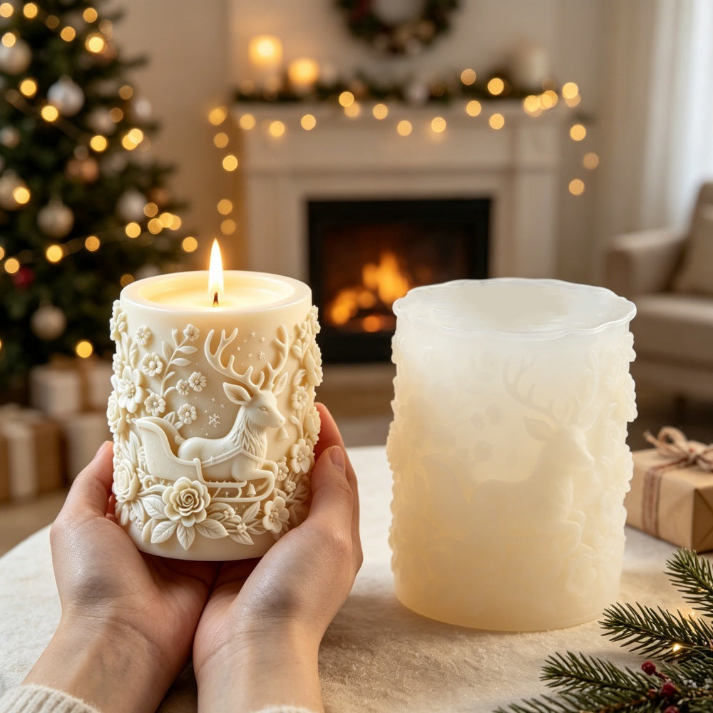 Christmas Reindeer & Sleigh Silicone Candle Mold | Embossed Holiday Craft Mold