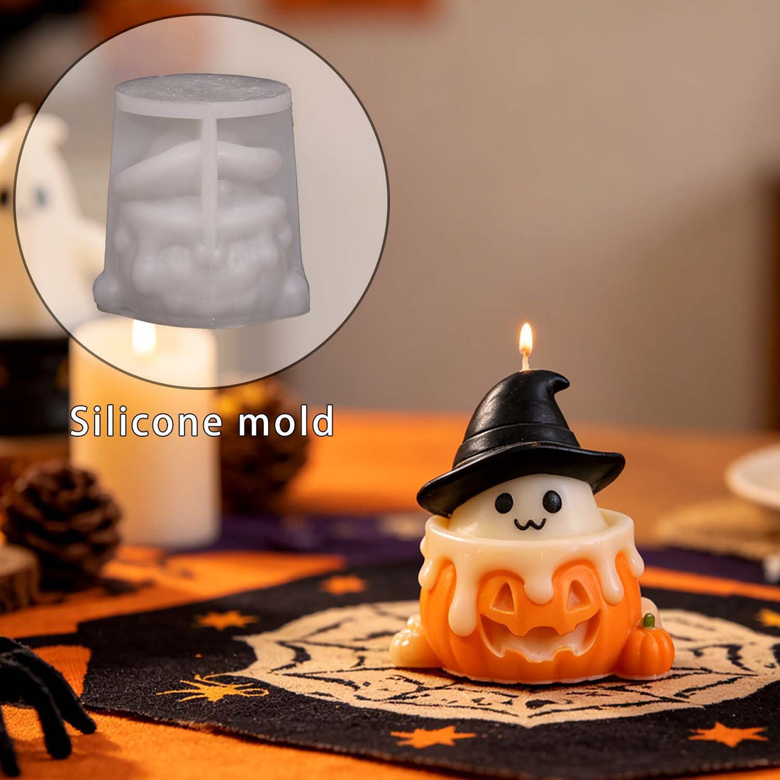 Cute Ghost in Pumpkin Cup Silicone Mold, Halloween DIY Scented Candle Mould, Ghost Ornament Casting Mold for Home Party Decor