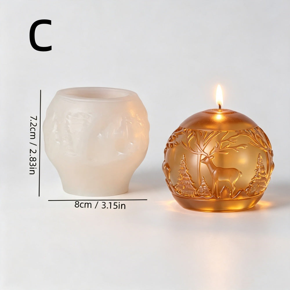 Christmas Reindeer & Snowflake Relief Sphere Scented Candle Mold, Geometric Cylinder Craft Silicone Mold for DIY Aromatherapy Candle