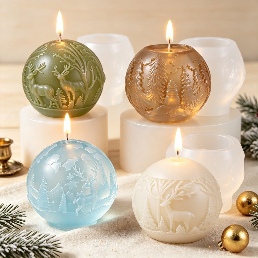 Christmas Reindeer & Snowflake Relief Sphere Scented Candle Mold, Geometric Cylinder Craft Silicone Mold for DIY Aromatherapy Candle