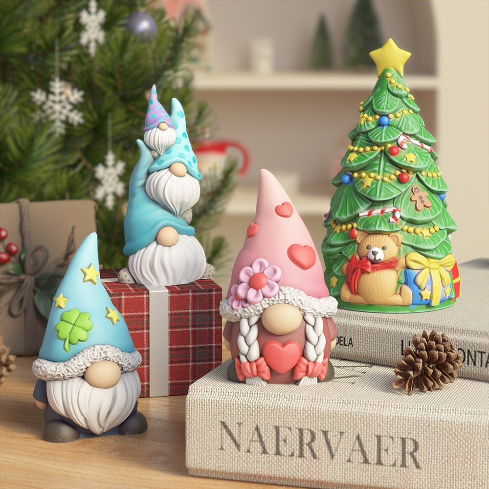 Christmas Gnome & Kitten Silicone Mold – 3D Figurine Candle Mold for Plaster, Resin & Wax, Heart Star Nordic Decor DIY