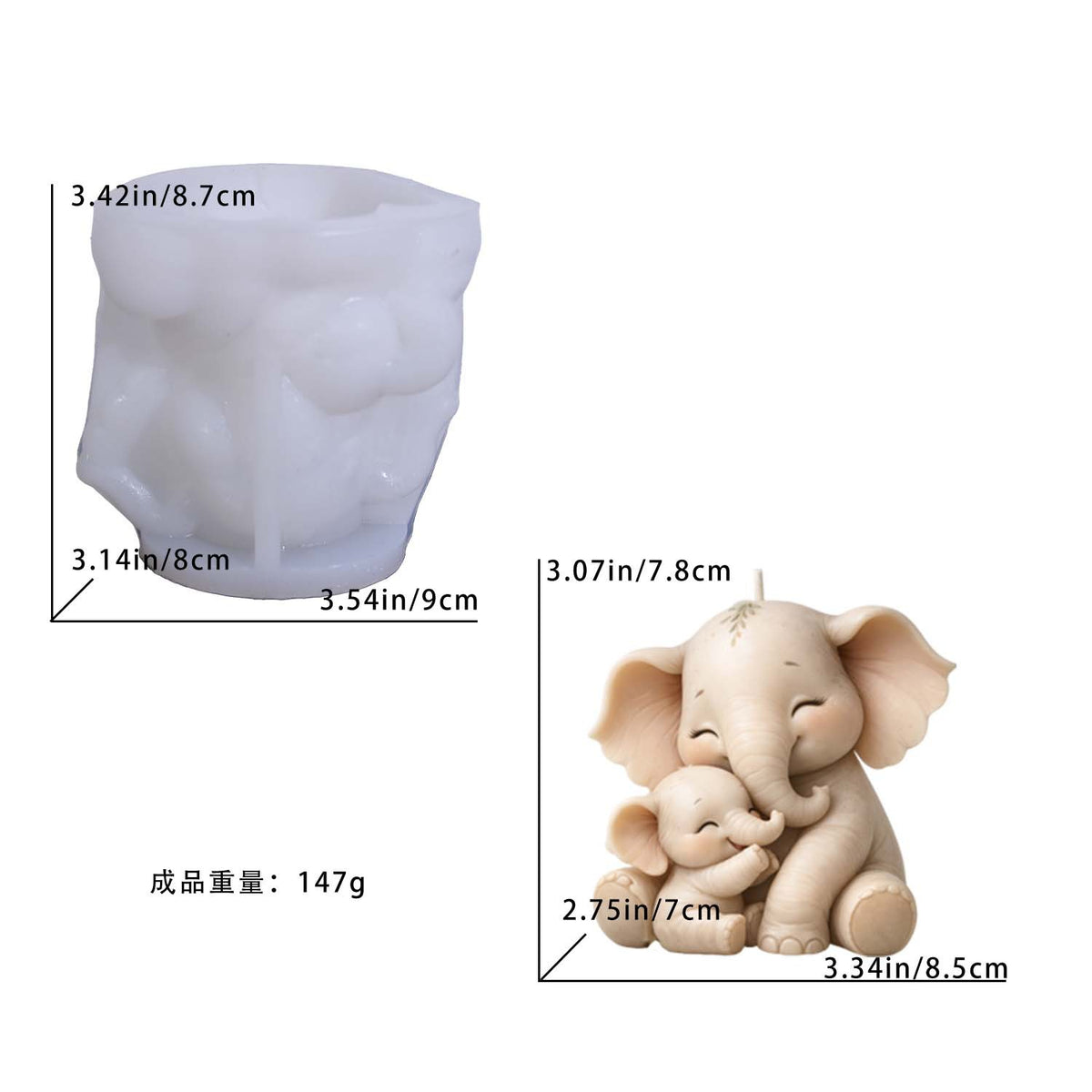 Mother & Baby Big‑Ear Elephant Silicone Mold, Sitting Elephant Figurine Mould, DIY Scented Candle for Home Decor