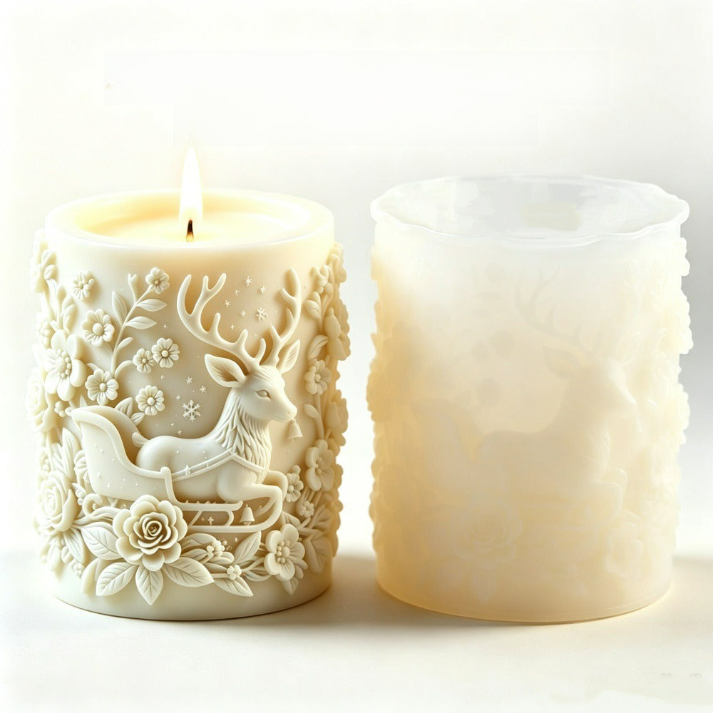 Christmas Reindeer & Sleigh Silicone Candle Mold | Embossed Holiday Craft Mold