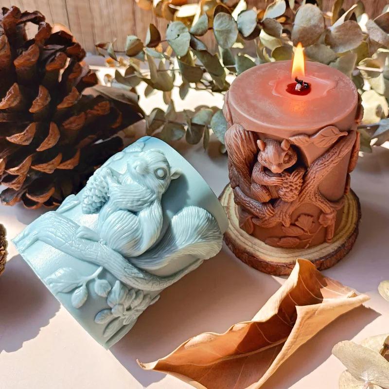 Embossed Squirrel Candle Silicone Mold-Squirrel Pillar Candle Mold-Pine Cone Candle Mold-Christmas Candle Mold-DIY Aromatherapy Plaster Mold