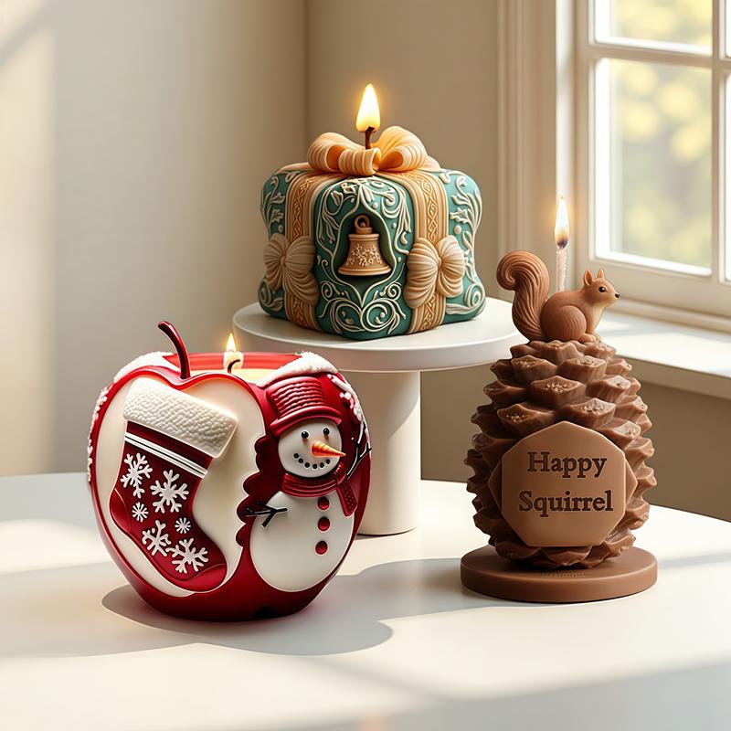 Christmas Candle Silicone Mold-Christmas Apple Candle Mold-Squirrel Pine Cone Candle Mold-Bell Gift Box Candle Mold-Soy Wax Candle Mold