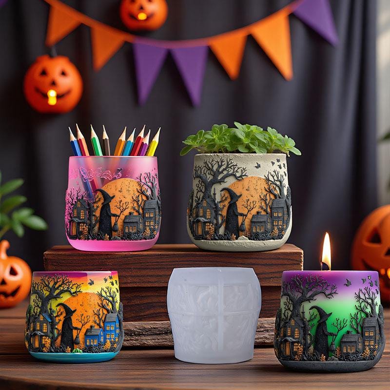 Witch flower pot silicone molds-Halloween Candle jar/cup/vessel plaster concrete raysin molds-Embossed Crow Pattern Storage Jar Resin Mold