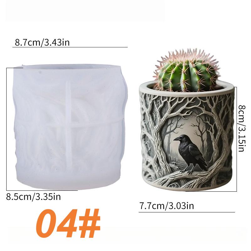 Witch flower pot silicone molds-Halloween Candle jar/cup/vessel plaster concrete raysin molds-Embossed Crow Pattern Storage Jar Resin Mold