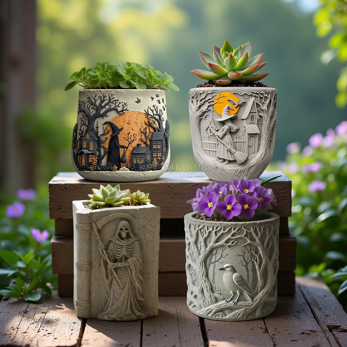 Witch flower pot silicone molds-Halloween Candle jar/cup/vessel plaster concrete raysin molds-Embossed Crow Pattern Storage Jar Resin Mold